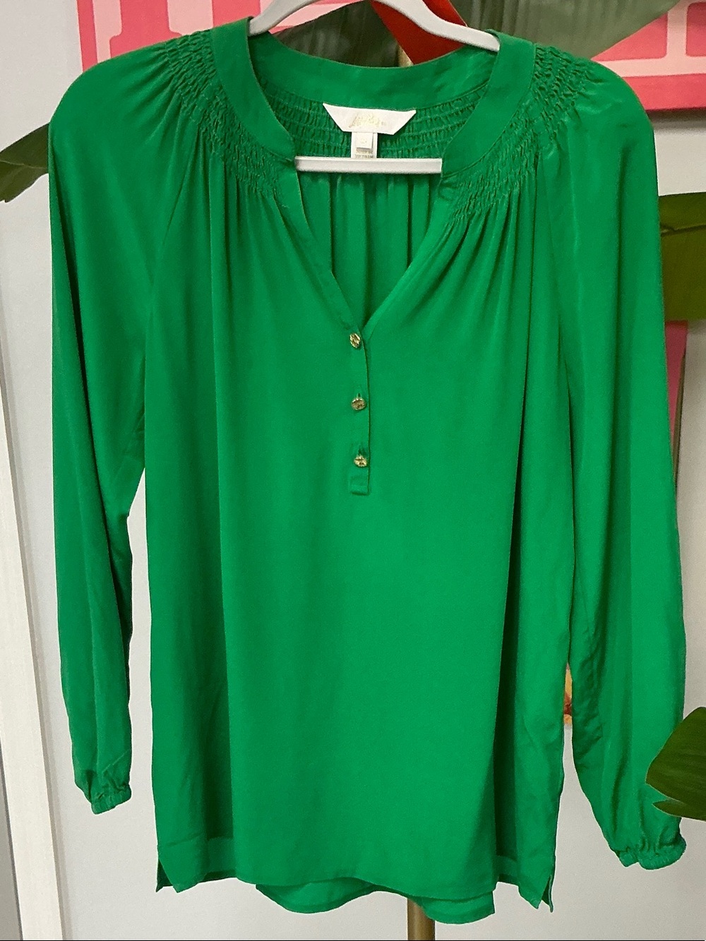 Lilly Pulitzer Emerald Green Smocked-Yoke Button Front Blouse